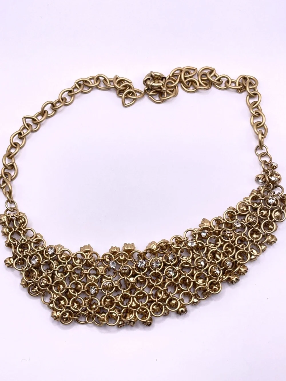 Vintage J.Crew Matte Gold Tone Mesh Rhinestone Bib Necklace Rare
